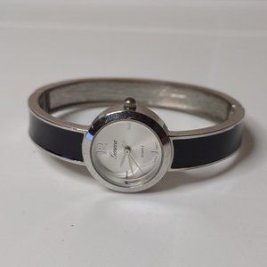 Black And Silver Tone Geneva Metal Hinged Bracelet Watch
